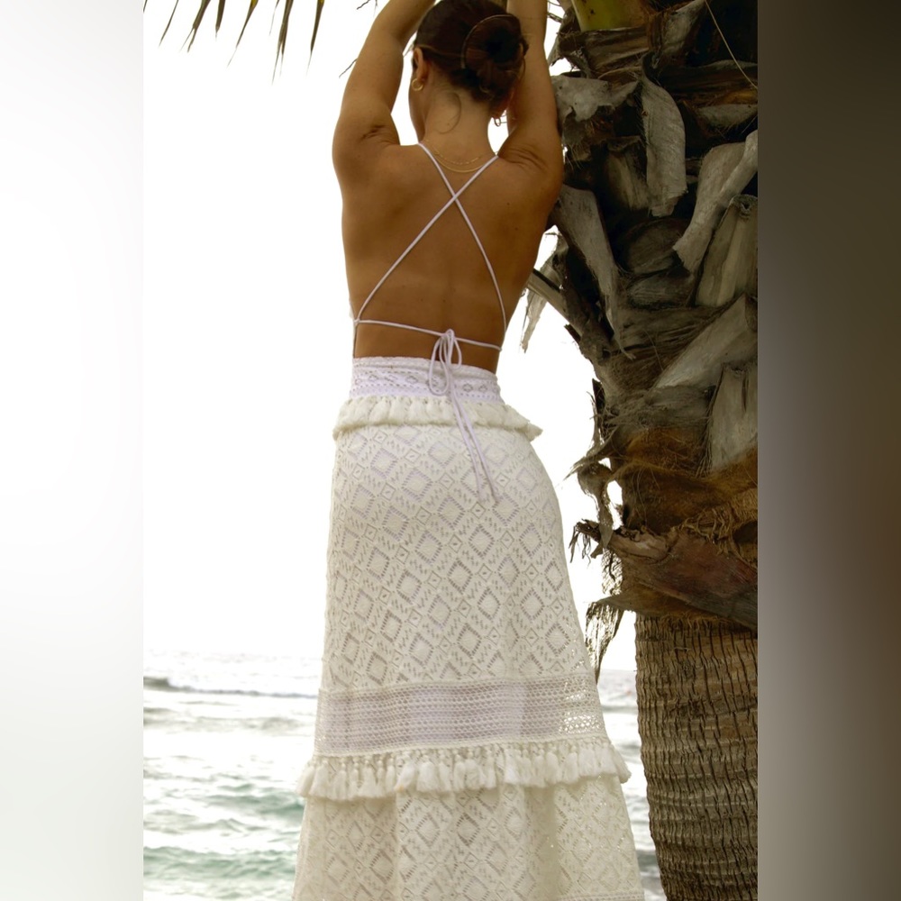 NIGHTCAP Free People *Lima* white crochet lace midi dress w tassels L - Picture 3 of 13